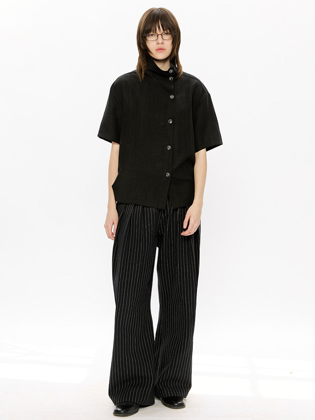 KREATE Asymmetric Placket Stand Collar Convertible Short Sleeve Shirt - view 6