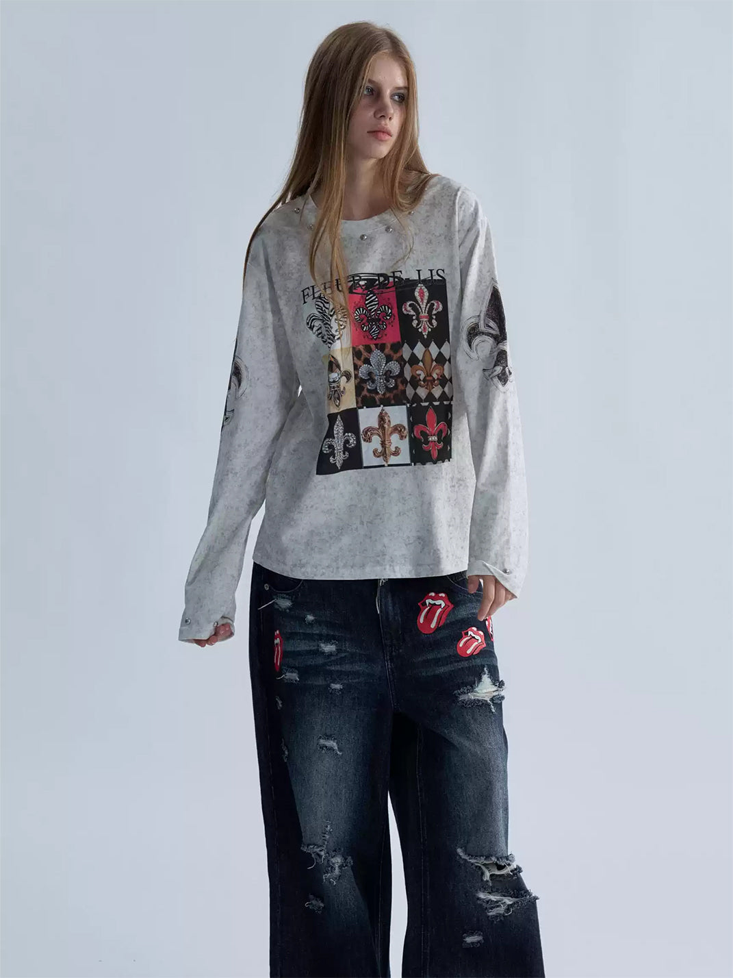 PAIKI Distressed Fleur-De-Lis Checkered Long Sleeve Tee - view 6