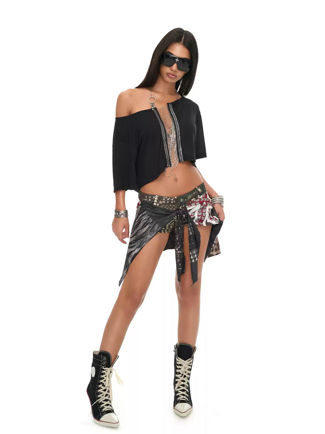 JYOSEI Patchwork Print Asymmetric Layered Wrap Shorts - view 6