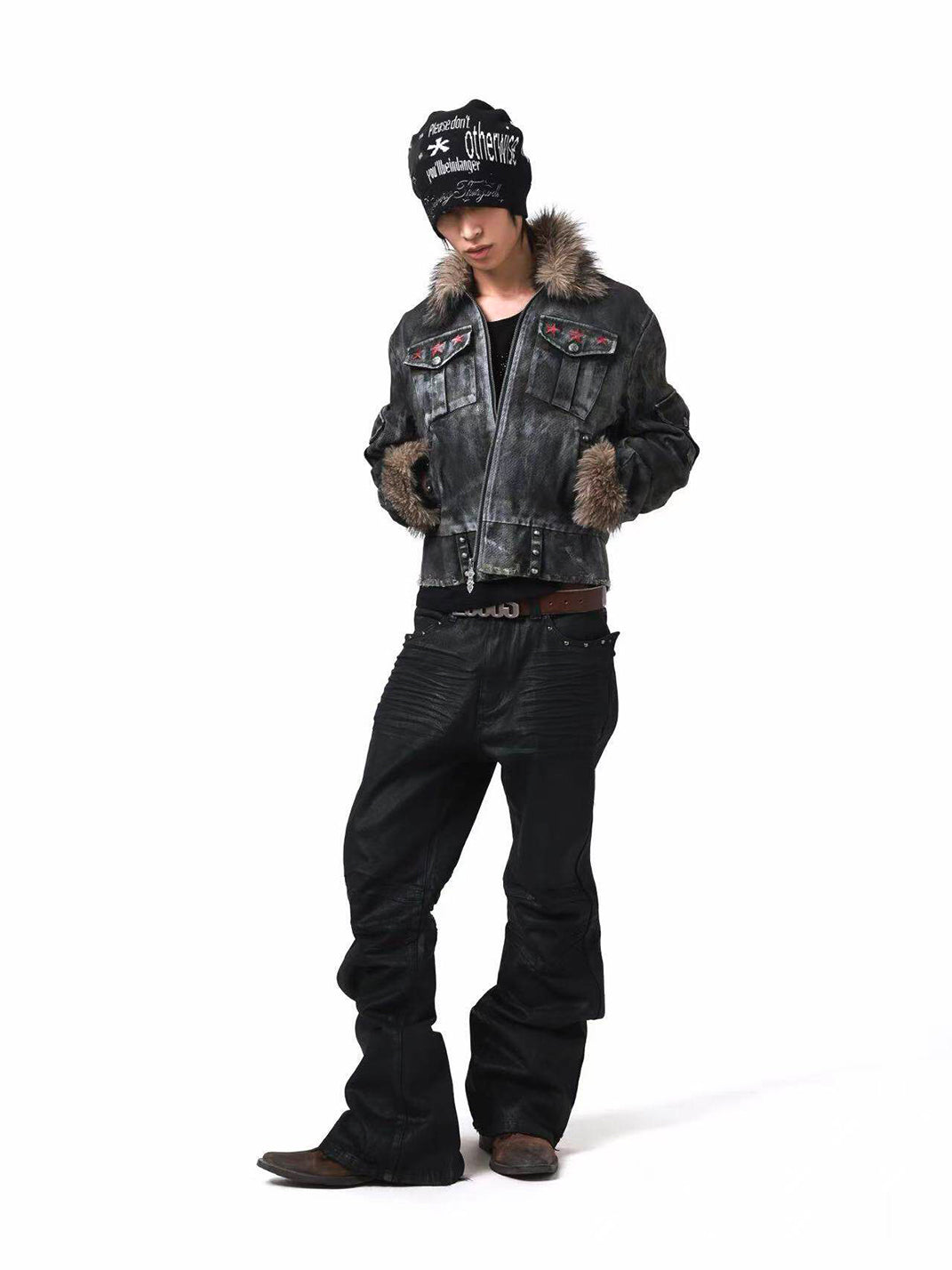 DETW Asymmetric Distressed Studded Fur Collar Jacket - view 6
