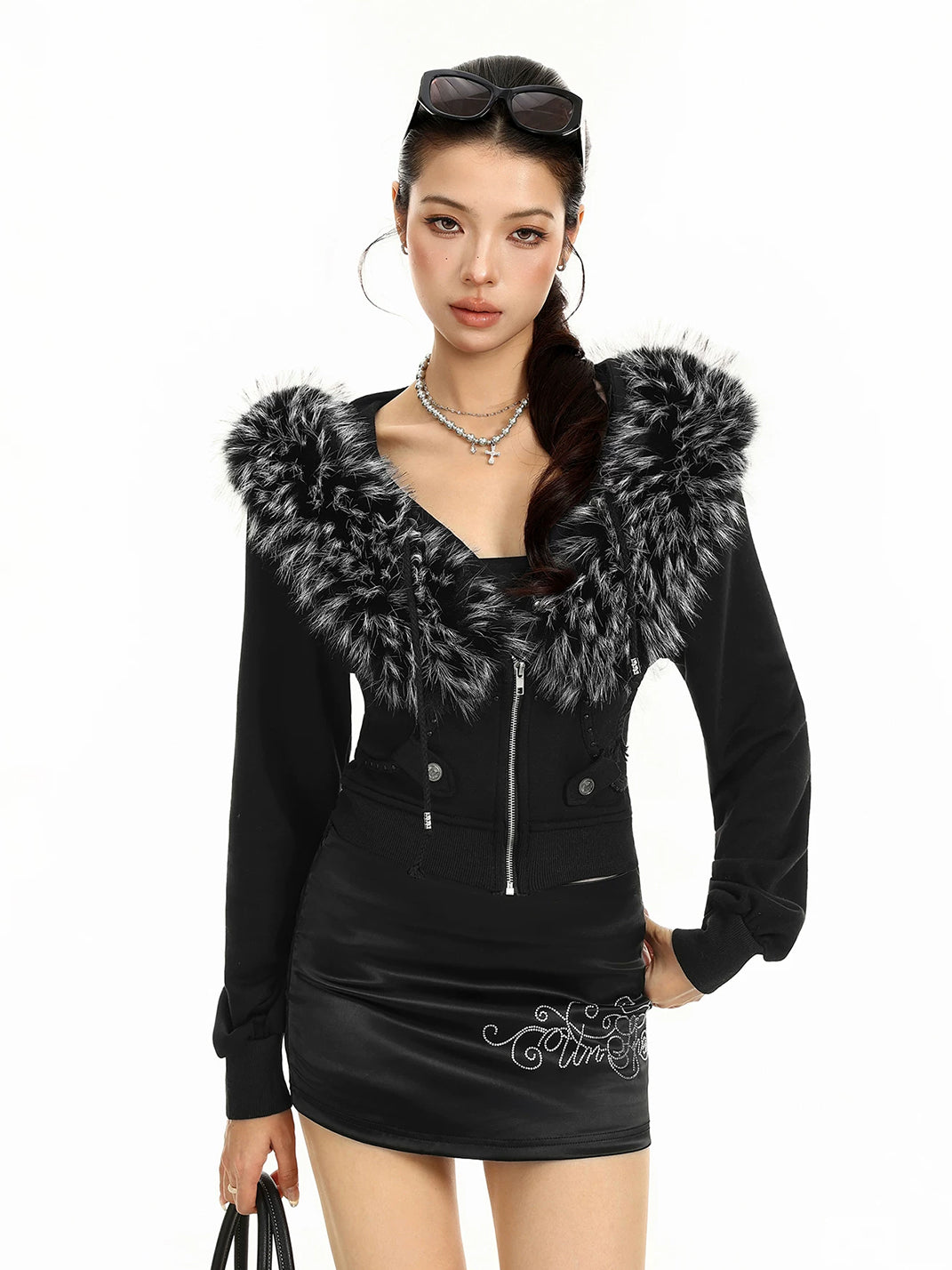 BIGGOLD Short Detachable Fur Trim Hooded Zip Jacket - view 7
