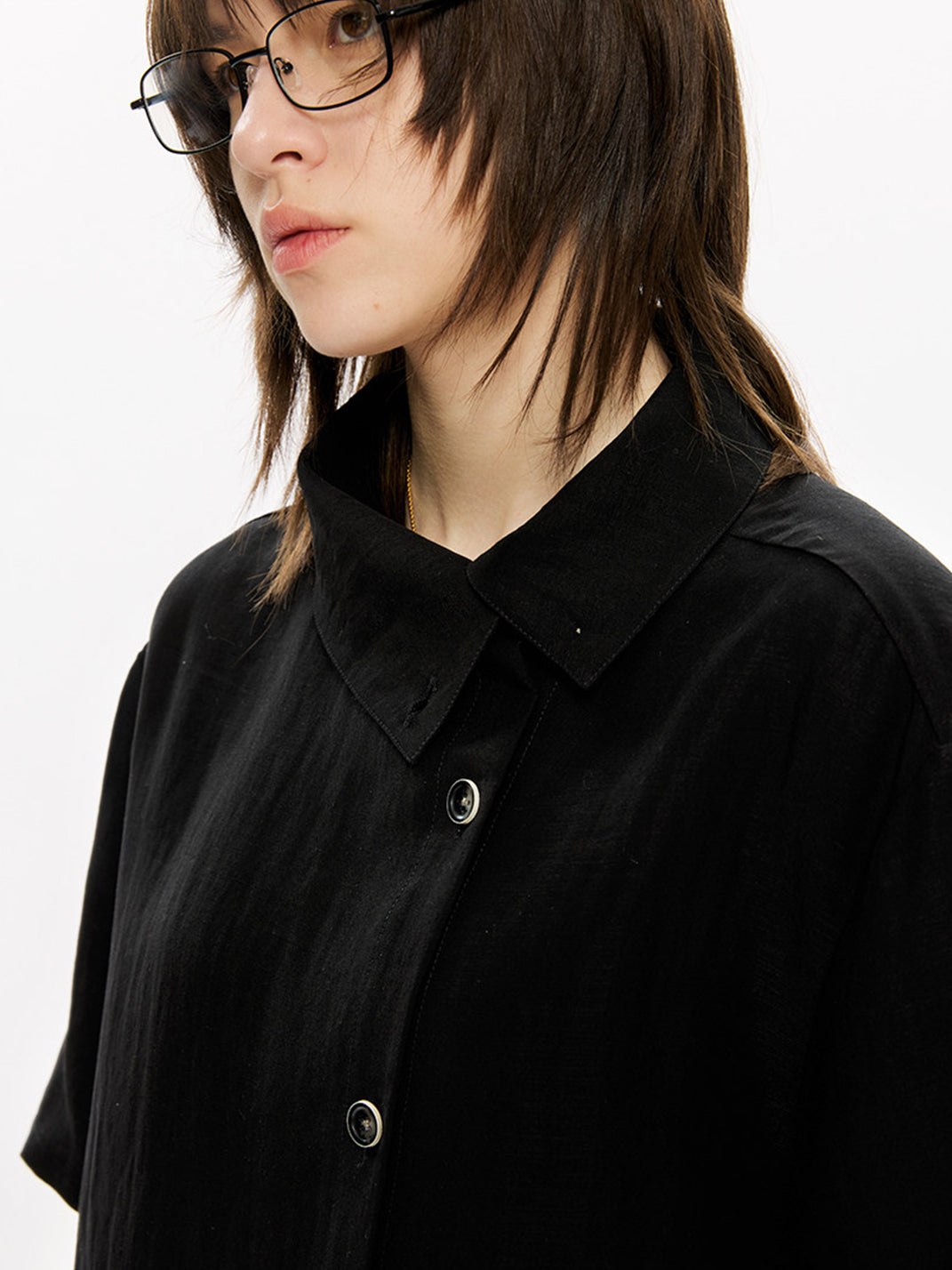 KREATE Asymmetric Placket Stand Collar Convertible Short Sleeve Shirt - view 7