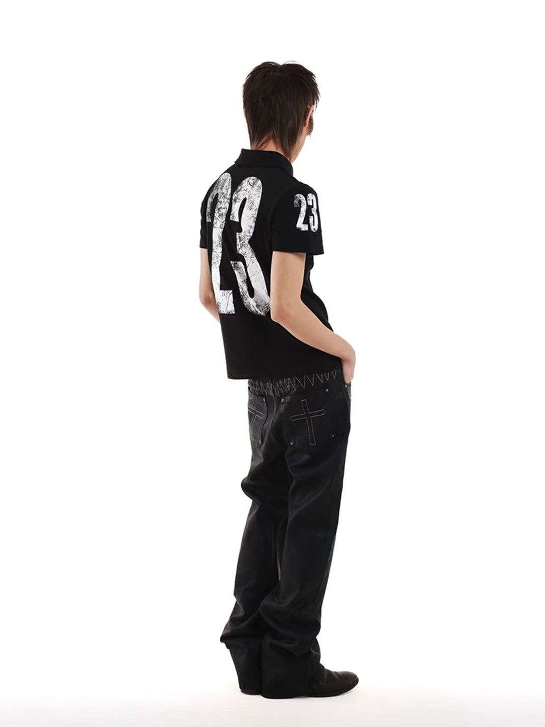 DETW Wax-Coated Asymmetric Stacked Jeans - view 7