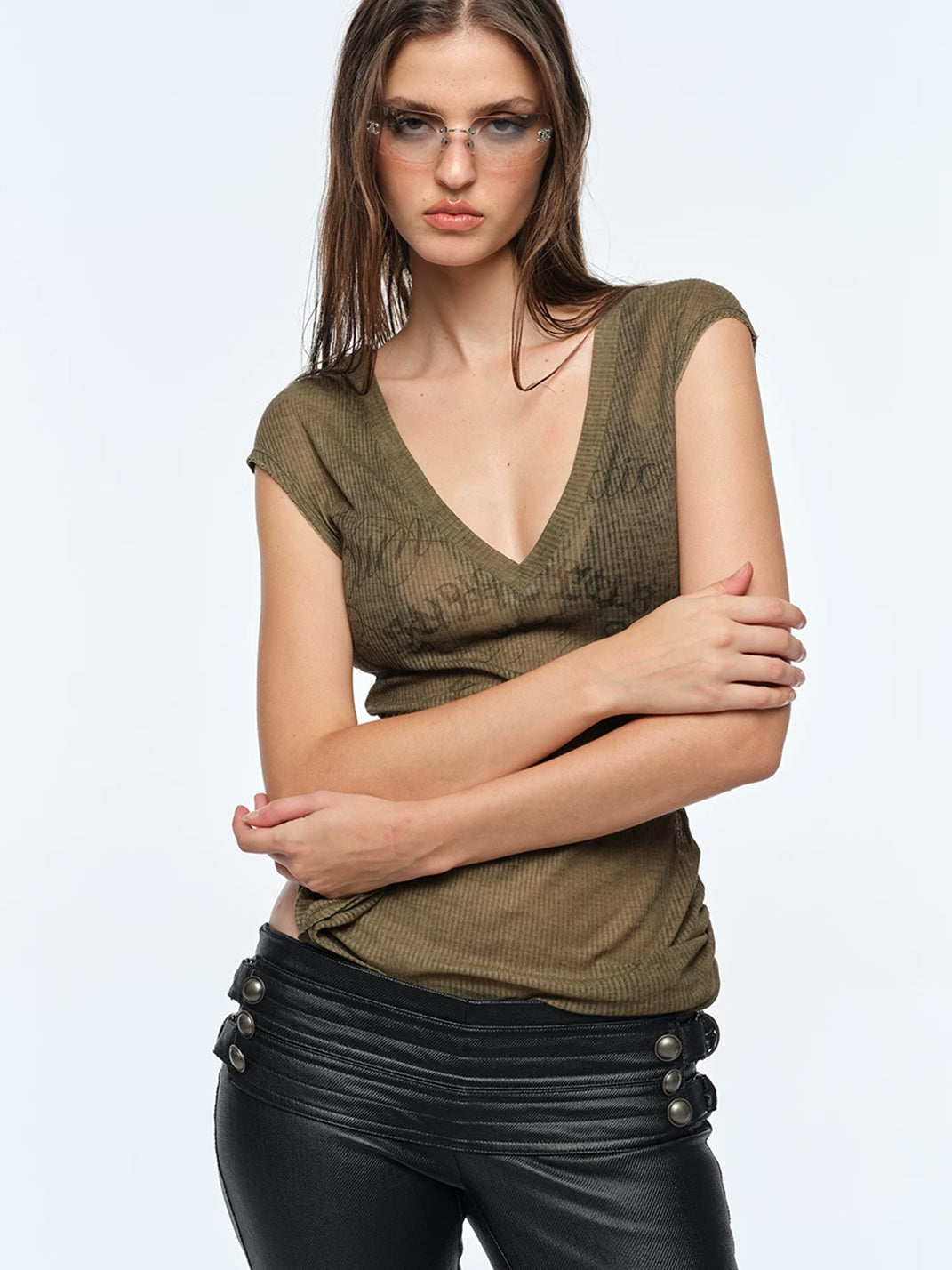 BUM STUDIO Ribbed Cap Sleeve Distressed Sheer T-Shirt - Green
