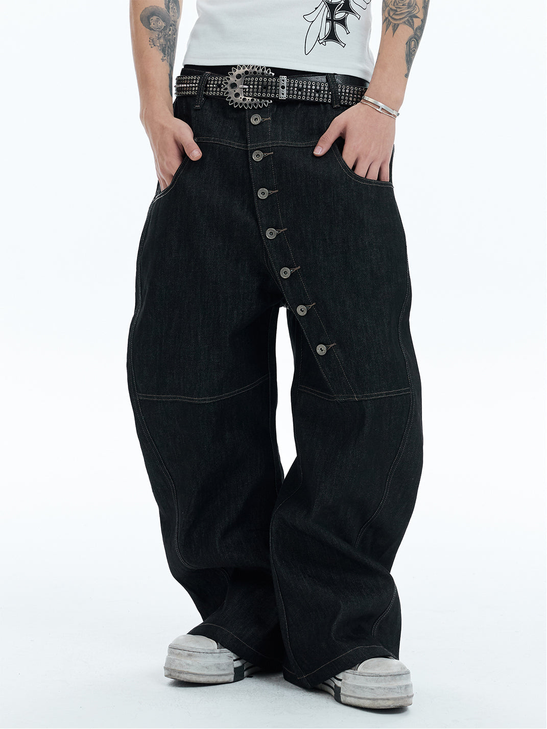 DND4DES Curved Diagonal Button Fly Baggy Raw Jeans - view 7