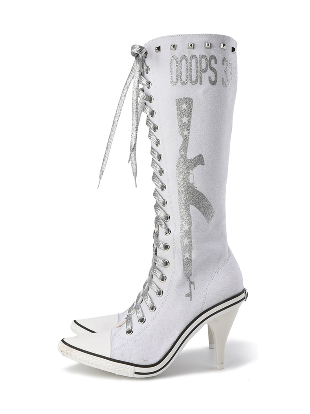 Ooops333 Pistol-Print Studded High-Heeled Boots - White