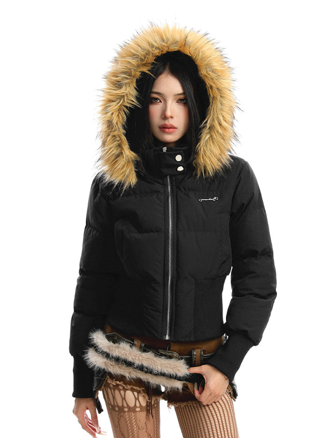 BIGGOLD Removable Fur-Collar Hooded Cotton-Padded Jacket - Black