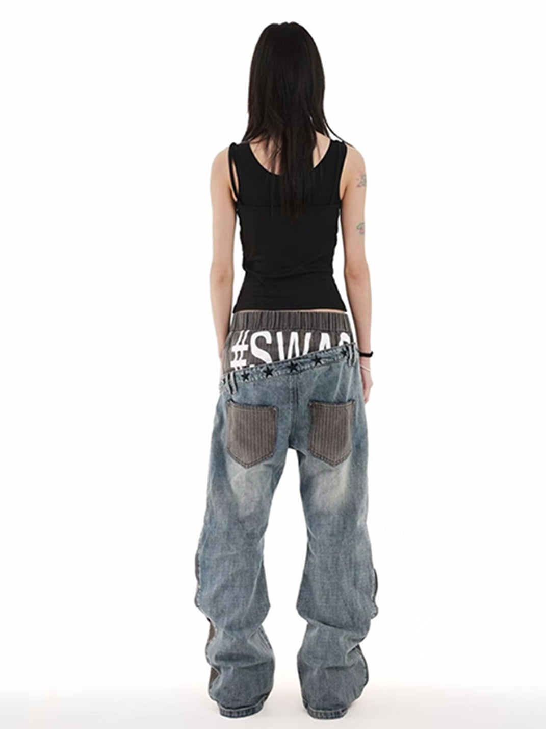 DETW Double Waist Diagonal Paneled Striped Print Jeans - view 7