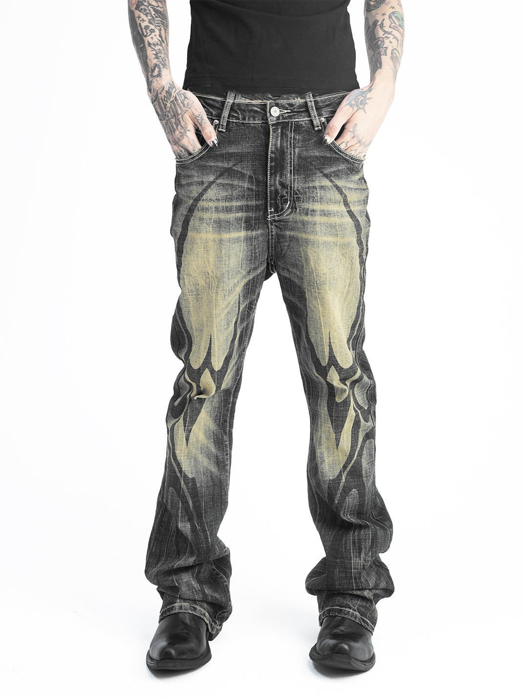DETW Black and Yellow 14 oz Printed Flared Jeans - view 7