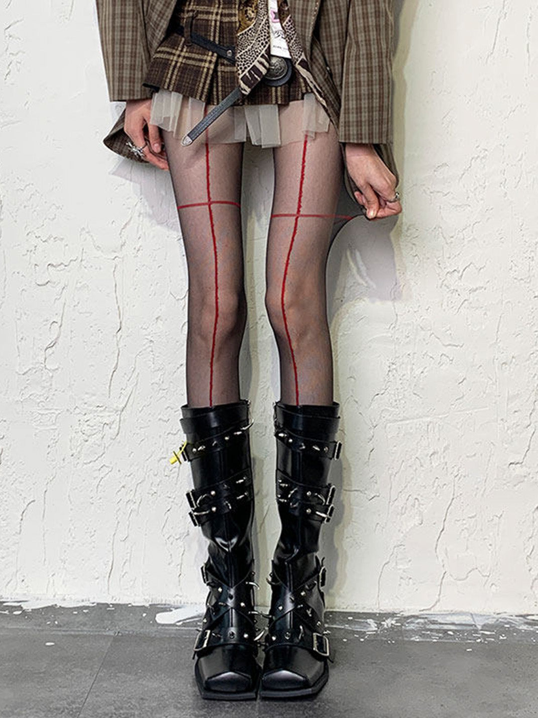 Bokior Y2K Cross-Pattern Pantyhose - Red