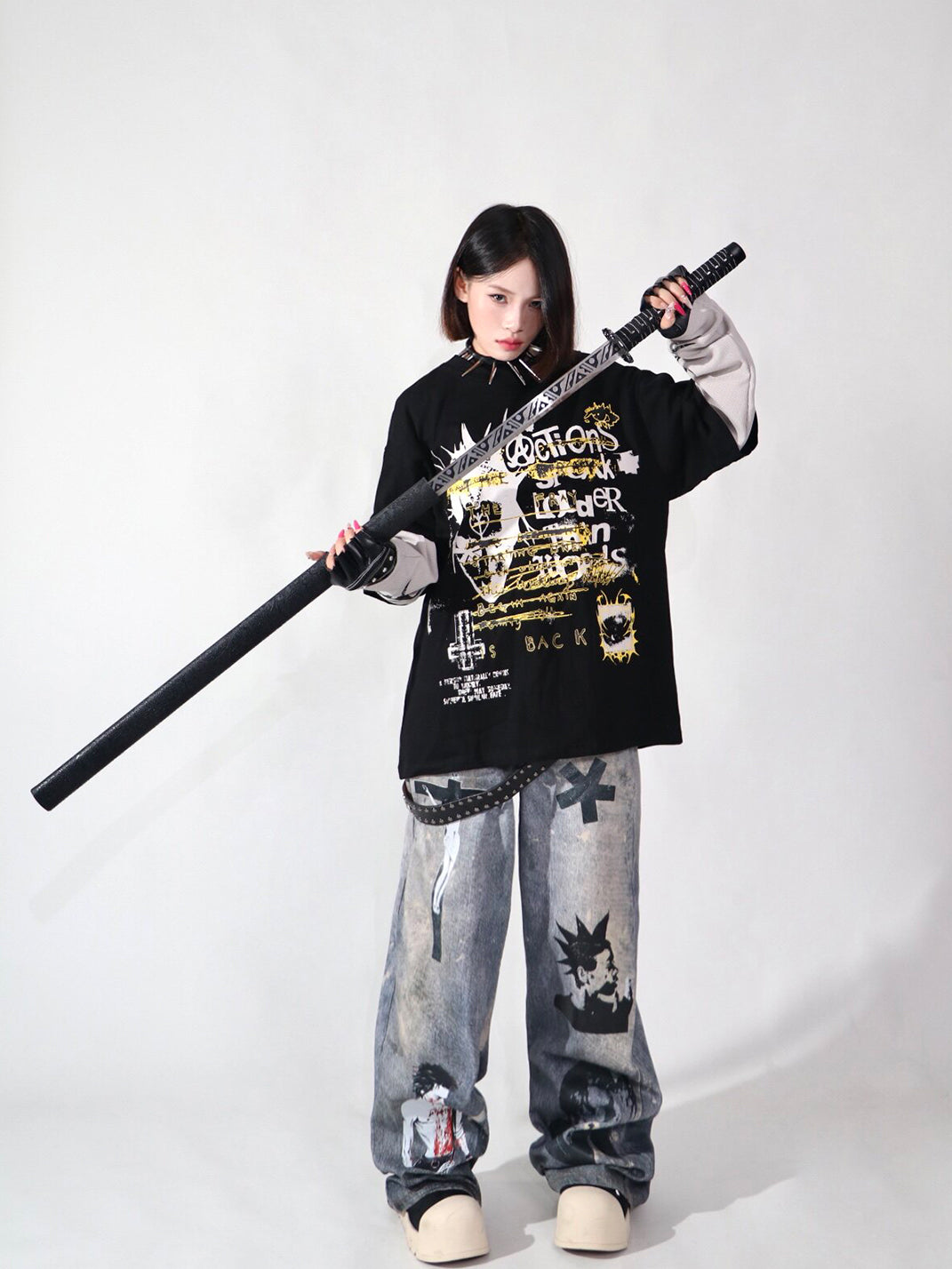 YIZILINGF 3D Printed Punk Graphic Jeans - view 7
