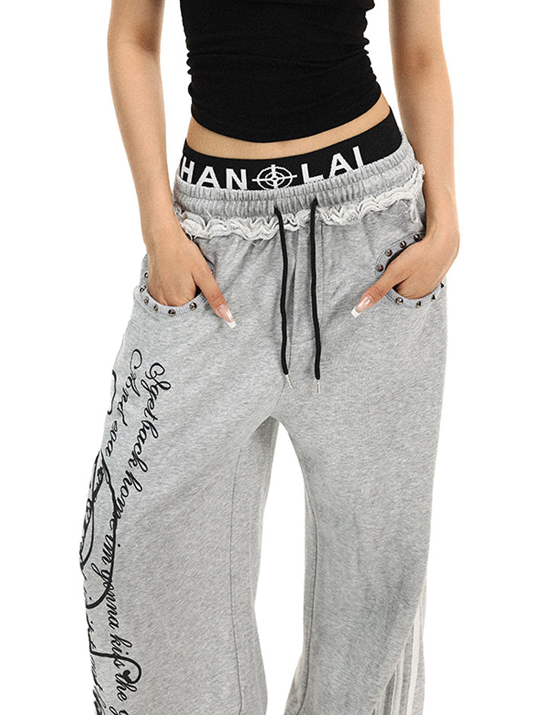 BIGGOLD Studded Fake Two-Piece Double Waist Script Printed Sweatpants - view 8