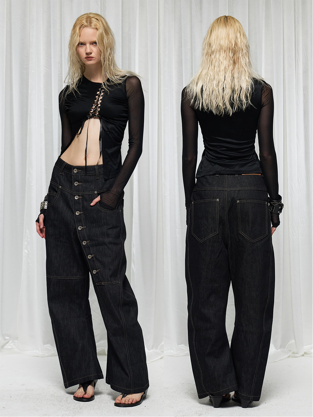 DND4DES Curved Diagonal Button Fly Baggy Raw Jeans - view 8