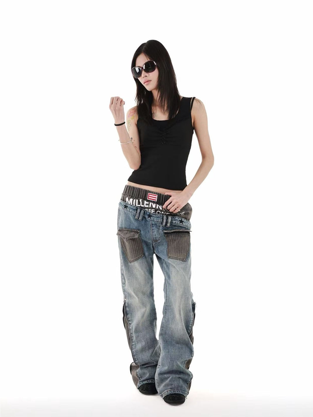 DETW Double Waist Diagonal Paneled Striped Print Jeans - view 8