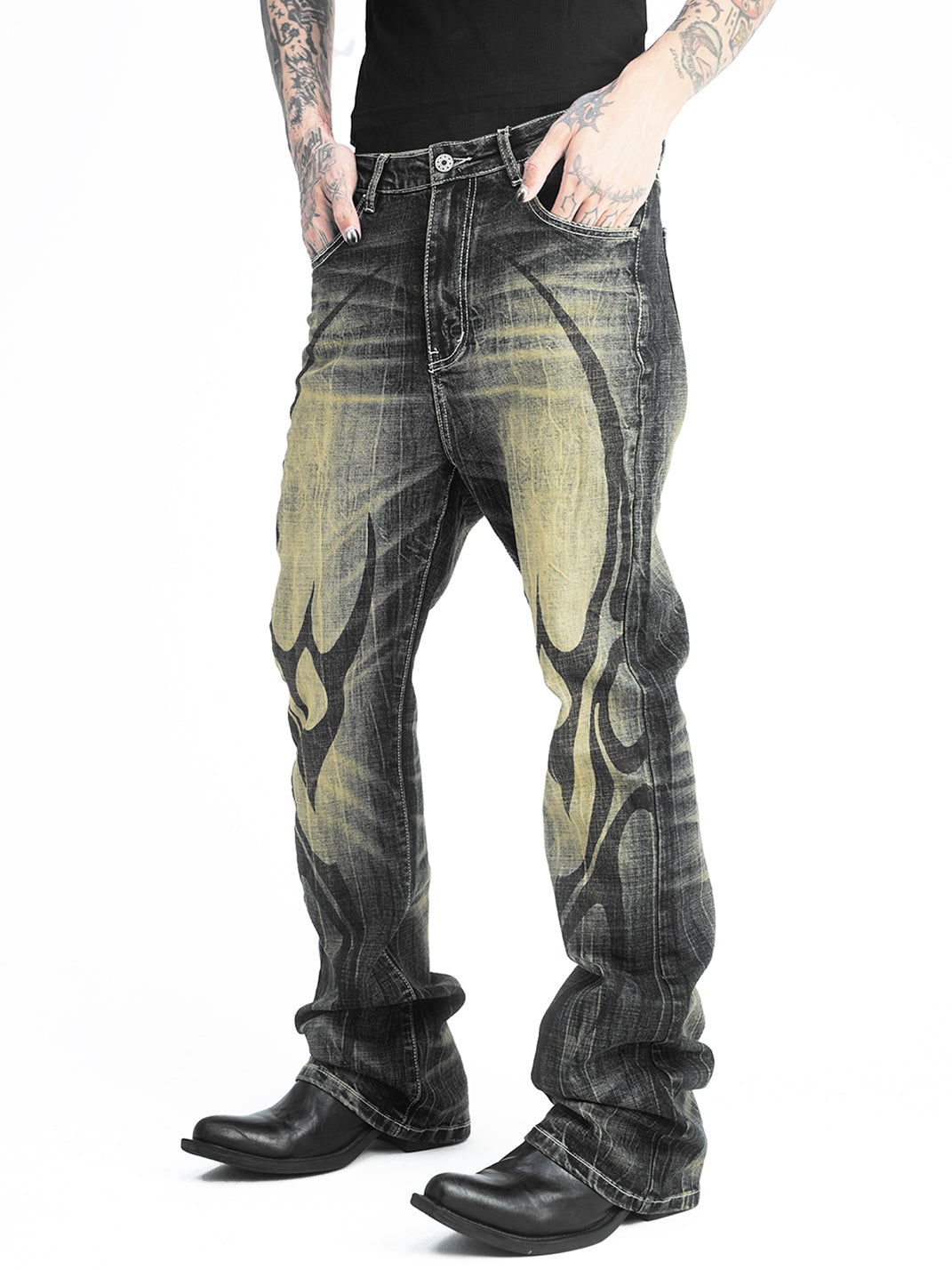 DETW Black and Yellow 14 oz Printed Flared Jeans - view 8