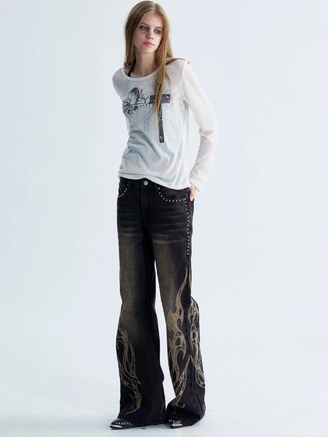 PAIKI Distressed Washed Flame Print Studded Wide Leg Jeans - view 8