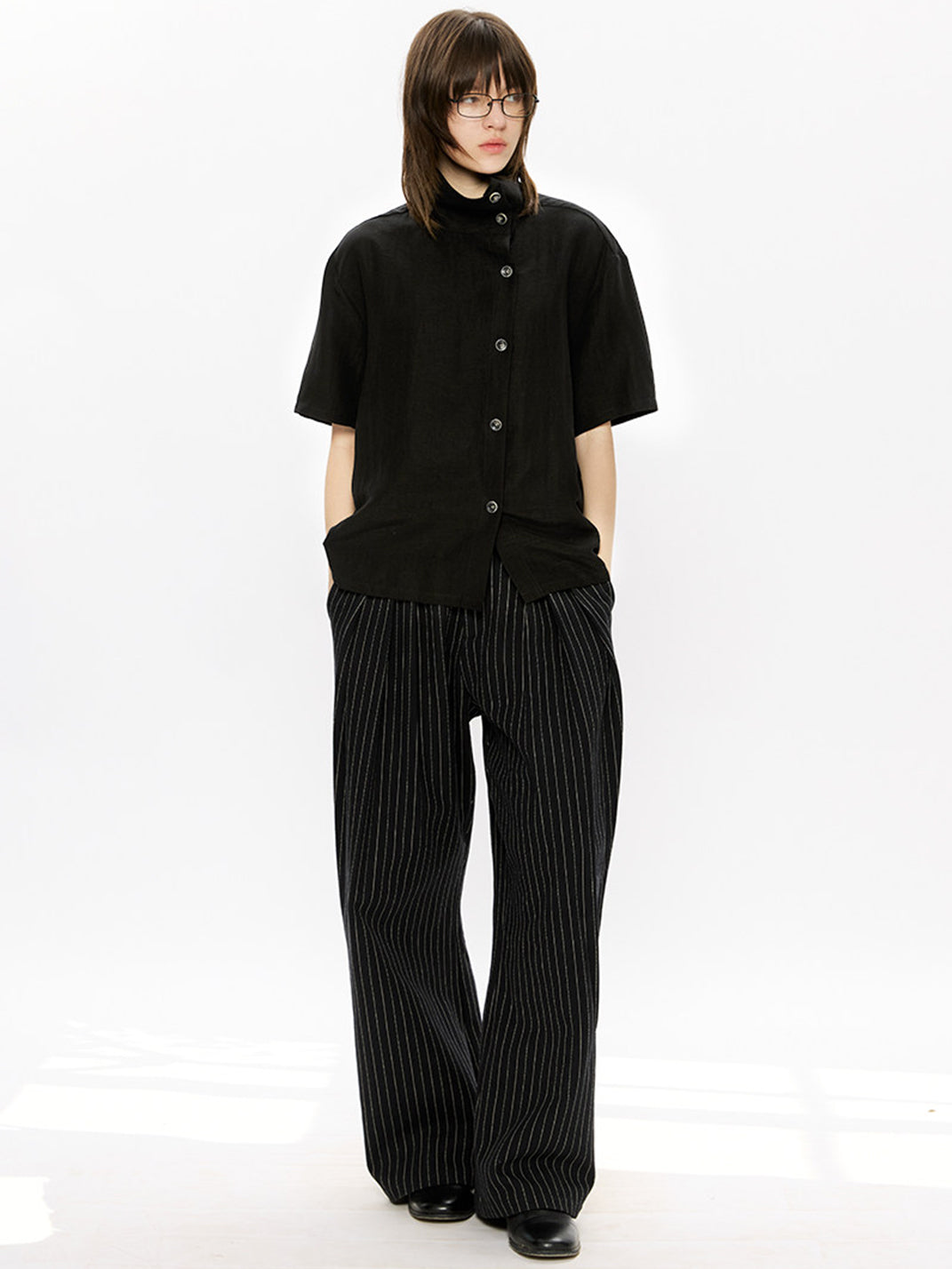 KREATE Asymmetric Placket Stand Collar Convertible Short Sleeve Shirt - view 8