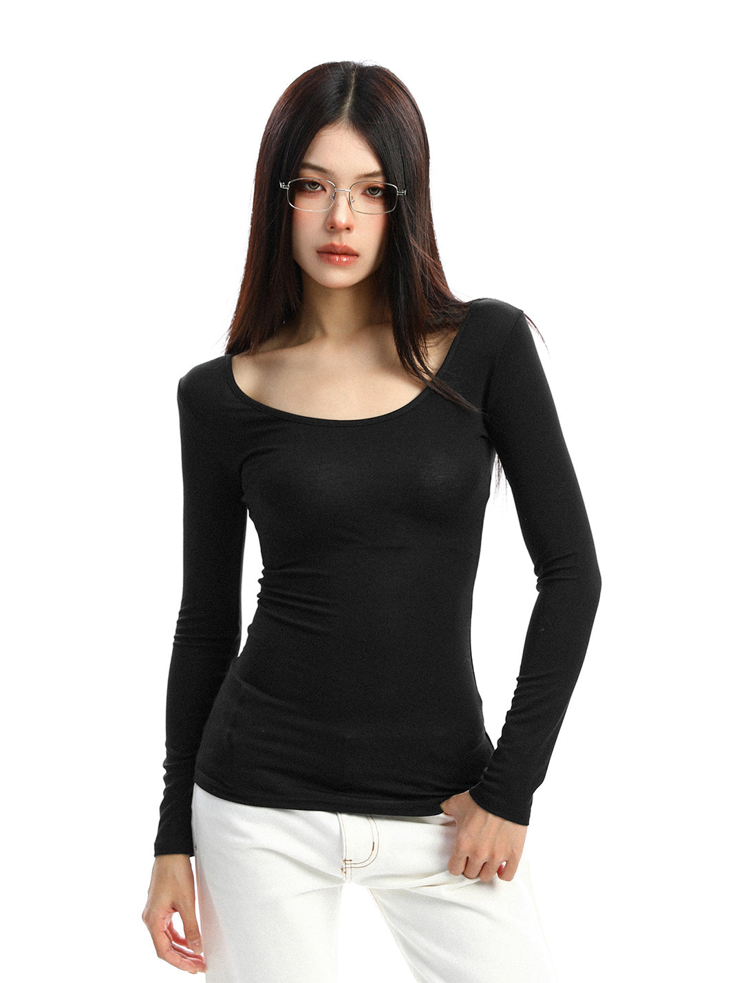 BIGGOLD Lace Cutouts on the Back Long-Sleeve Top - Black