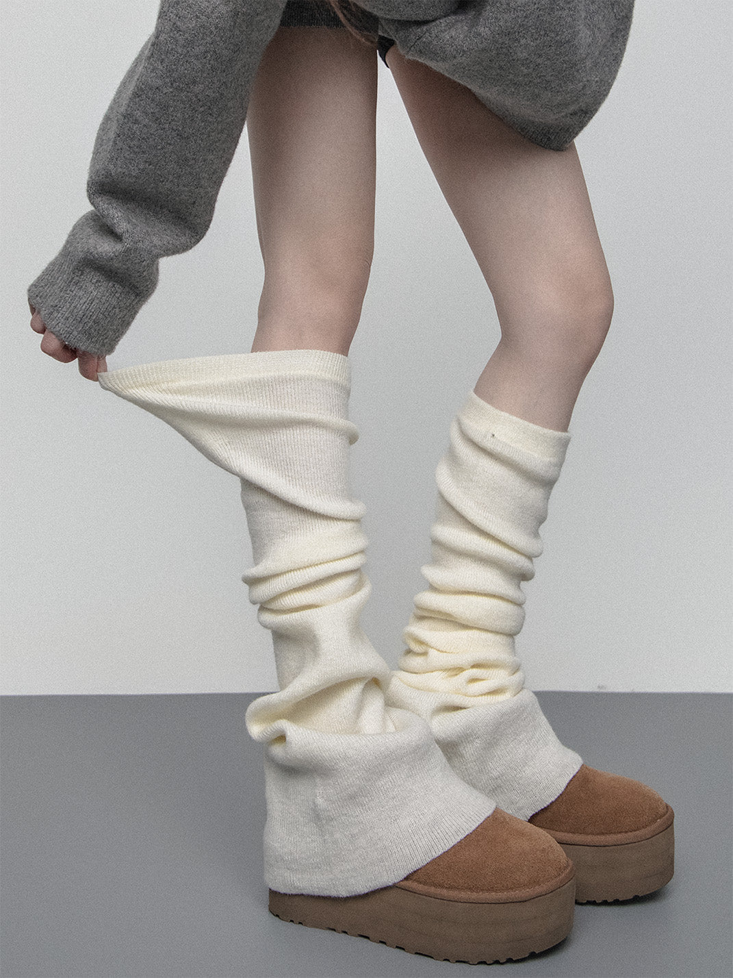 SS2L Cozy Stretch Knit Flared Thigh High Leg Warmers - White