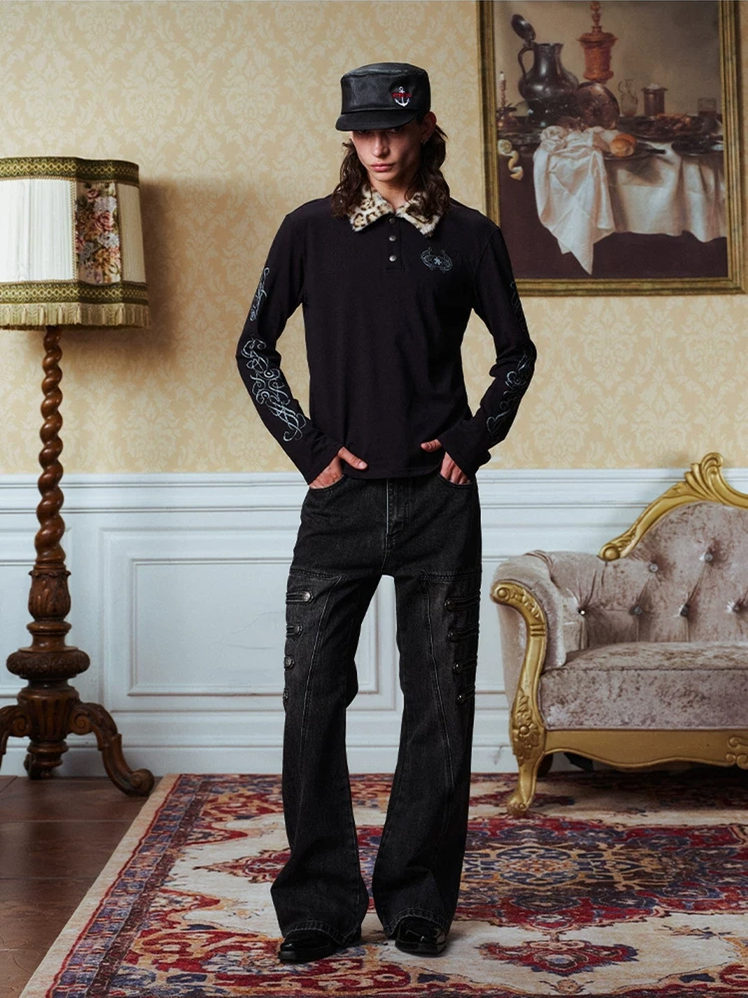 YADcrew Removable Leopard Collar Long Sleeve Polo Shirt - view 8
