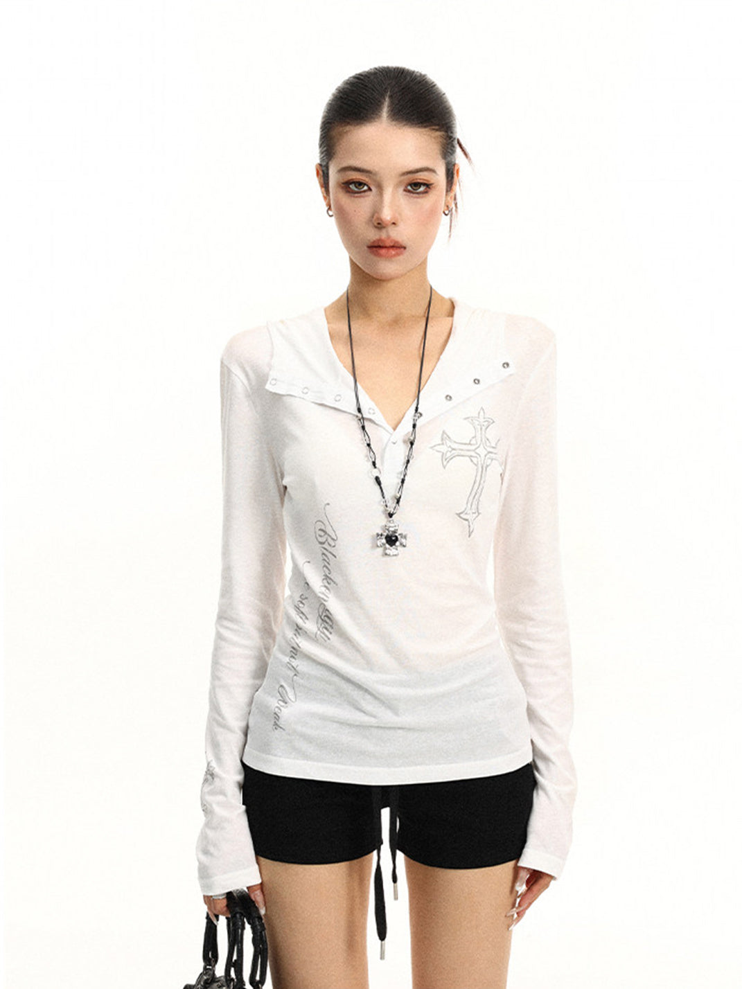 BIGGOLD Henley Neck Cross Printed Long Sleeve T-Shirt - view 8