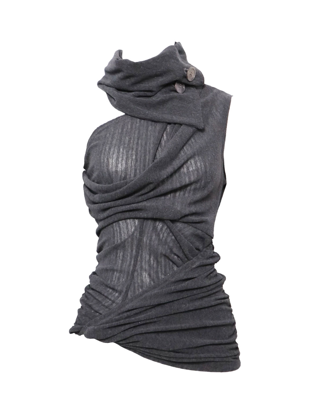 Flowers birds Market Asymmetric High Neck Gathered Knit Tank Top - Gray