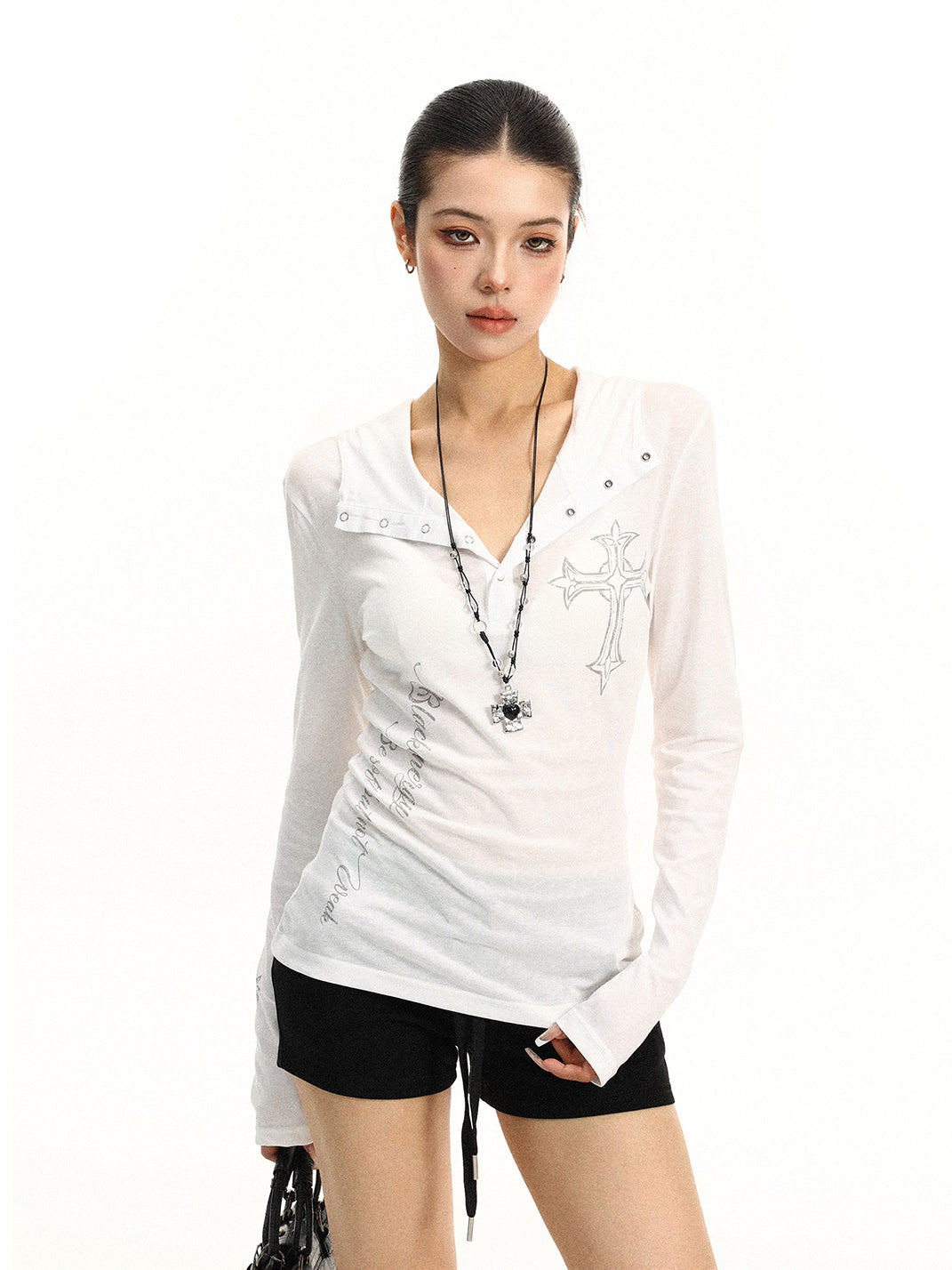 BIGGOLD Henley Neck Cross Printed Long Sleeve T-Shirt - view 9