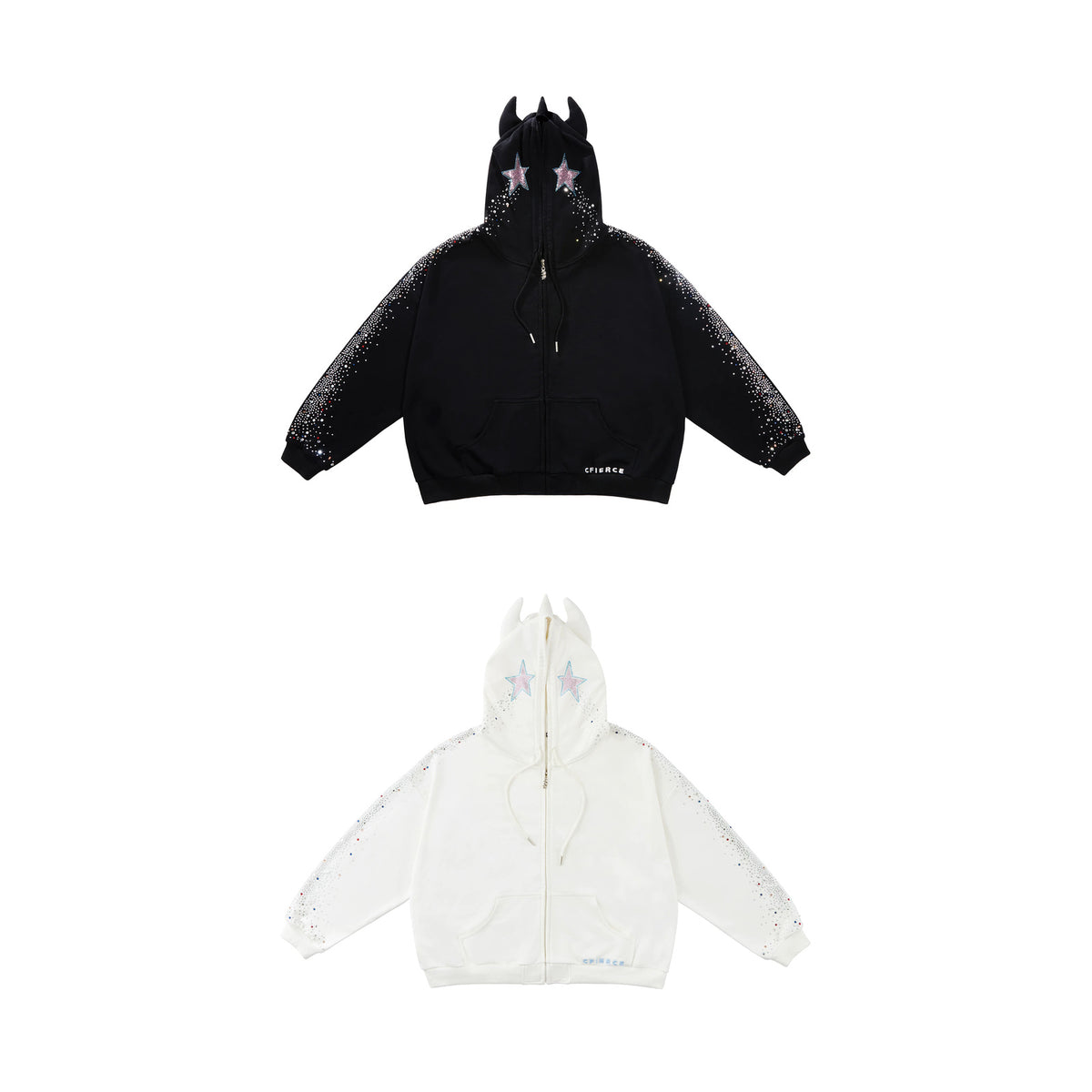 CFIERCE Crying Unicorn Rhinestone Zip Hoodie - black and white rhinestone horned zip hoodies arranged top to bottom
