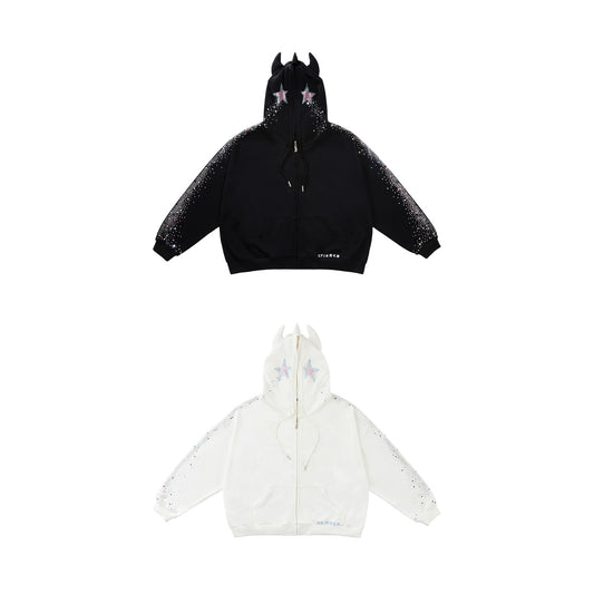 CFIERCE Crying Unicorn Rhinestone Zip Hoodie - black and white rhinestone horned zip hoodies arranged top to bottom