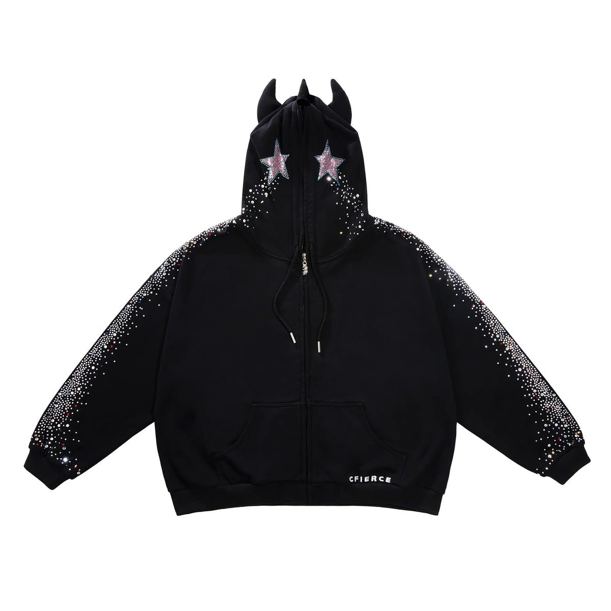 CFIERCE Crying Unicorn Rhinestone Zip Hoodie - black zip hoodie with horned hood and rhinestone star eyes