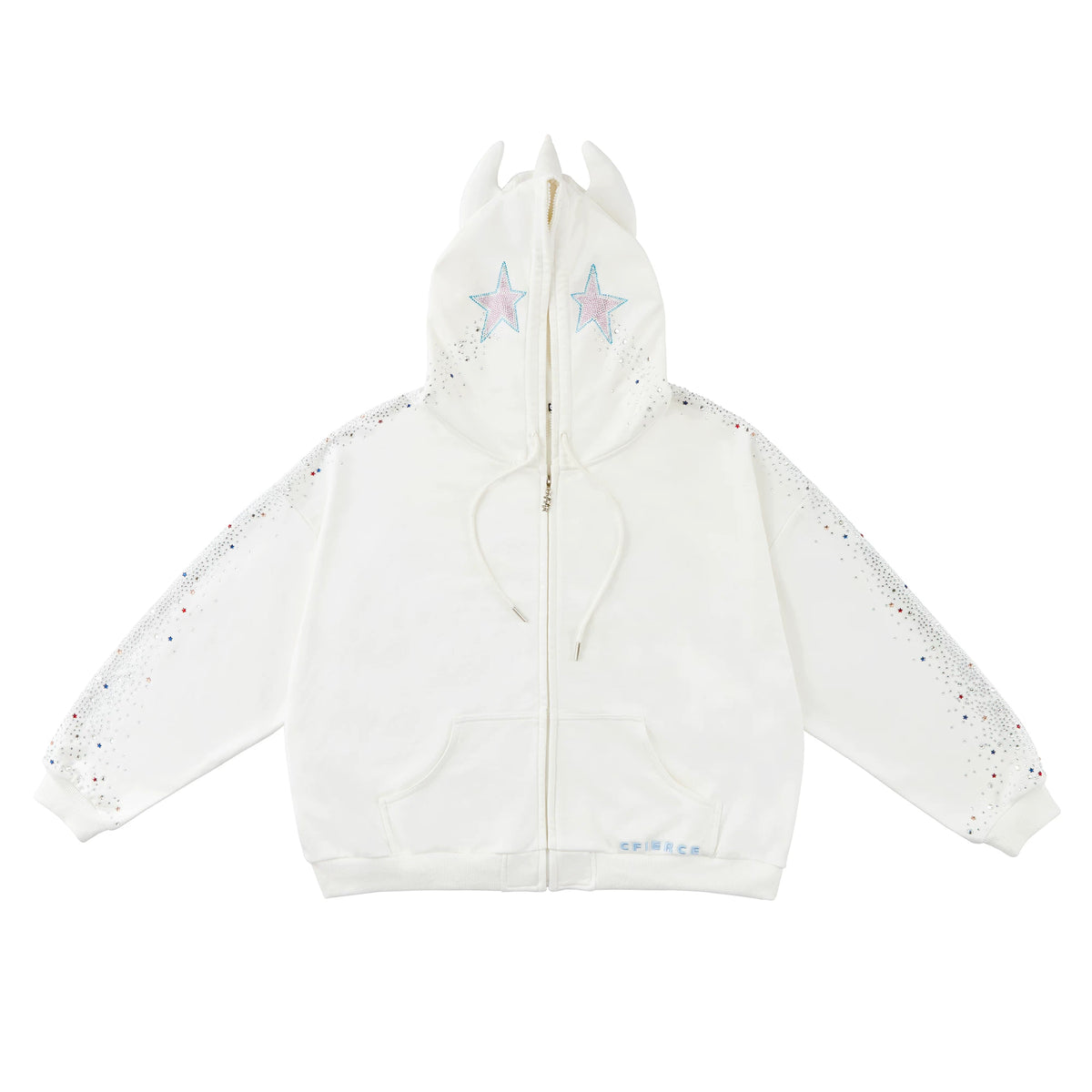 CFIERCE Crying Unicorn Rhinestone Zip Hoodie - white zip hoodie with horned hood and rhinestone star eyes