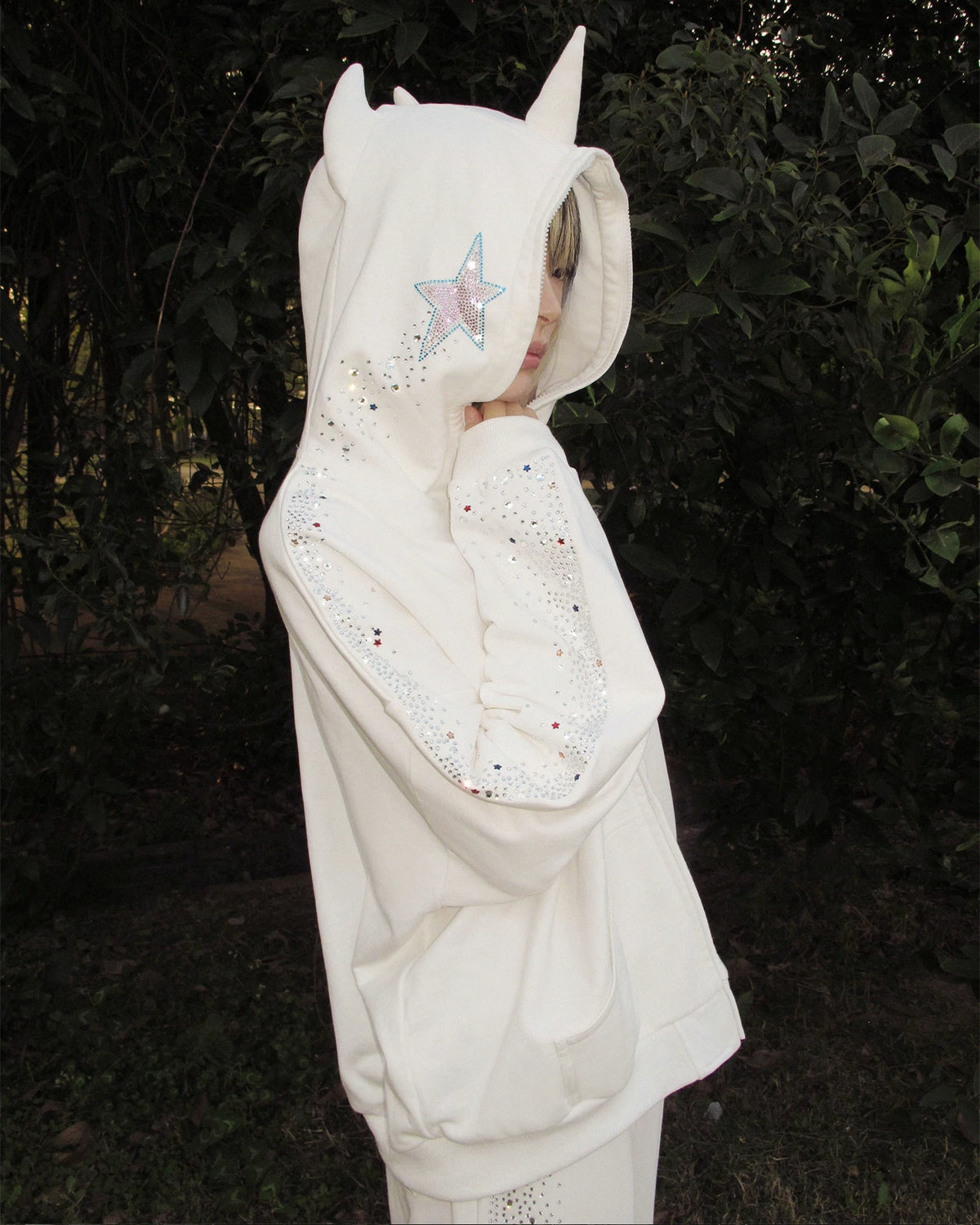 CFIERCE Crying Unicorn Rhinestone Zip Hoodie - white horned rhinestone zip hoodie worn from side