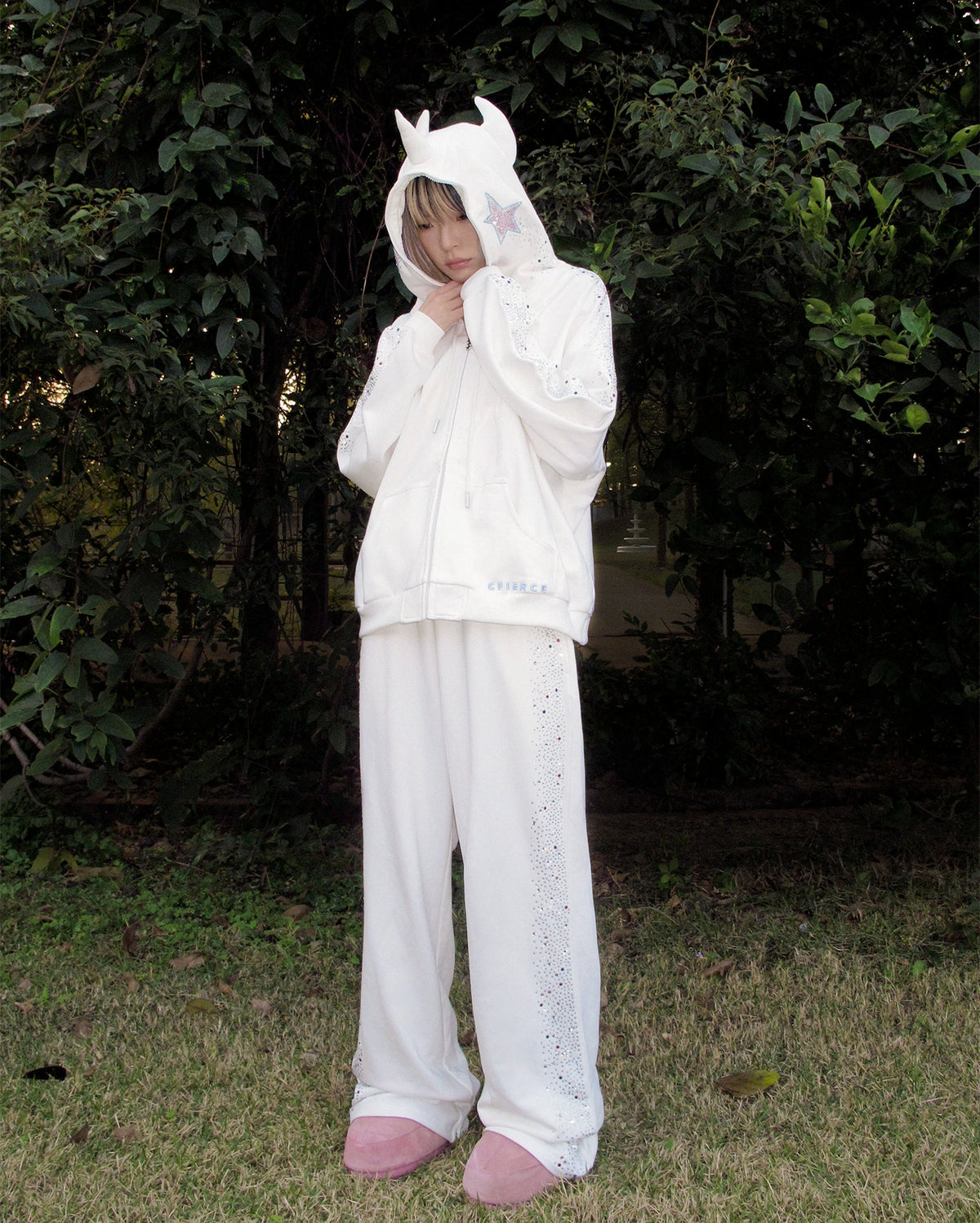 CFIERCE Crying Unicorn Rhinestone Zip Hoodie - white horned rhinestone zip hoodie styled full-length