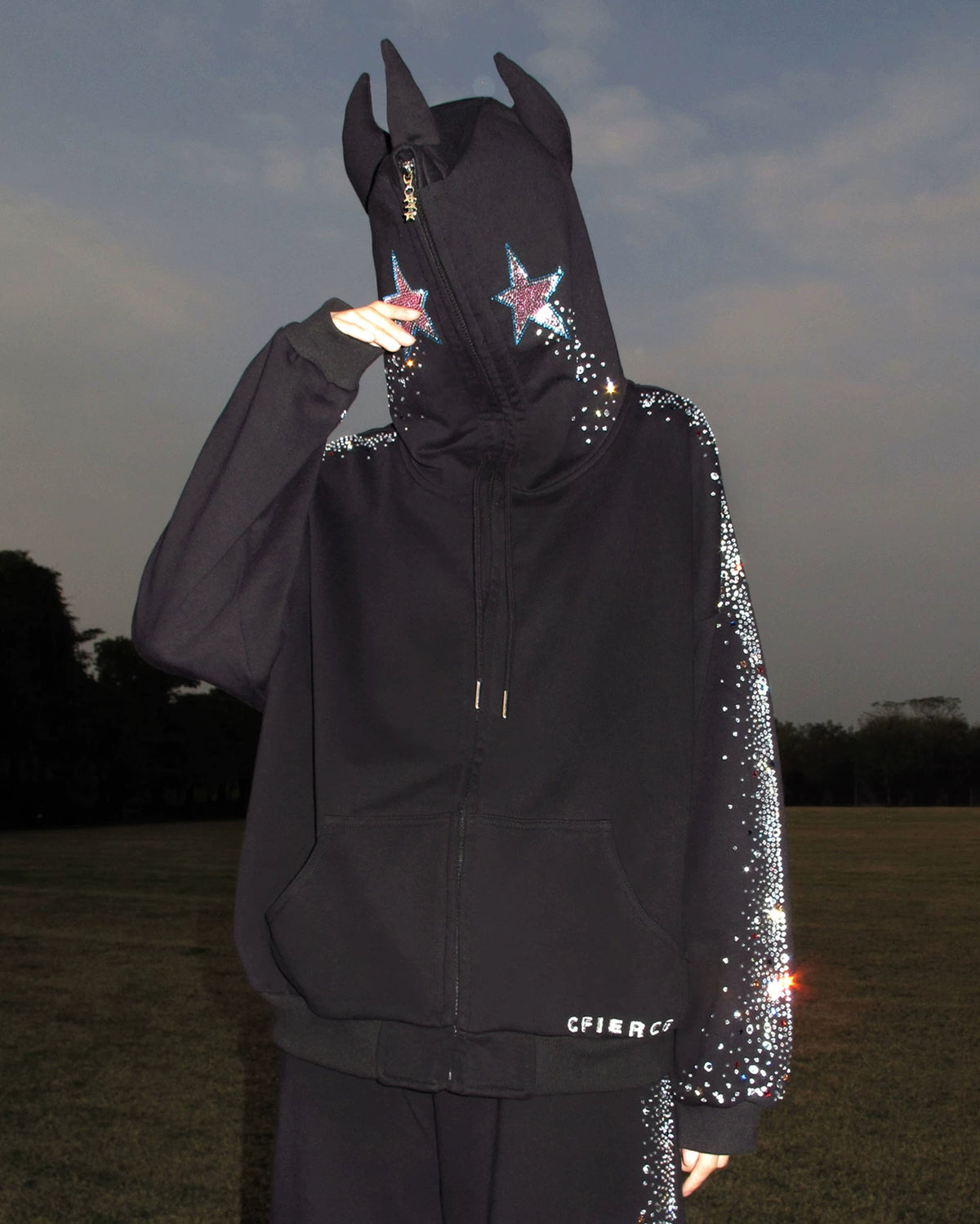 CFIERCE Crying Unicorn Rhinestone Zip Hoodie - black horned rhinestone zip hoodie worn with hood up