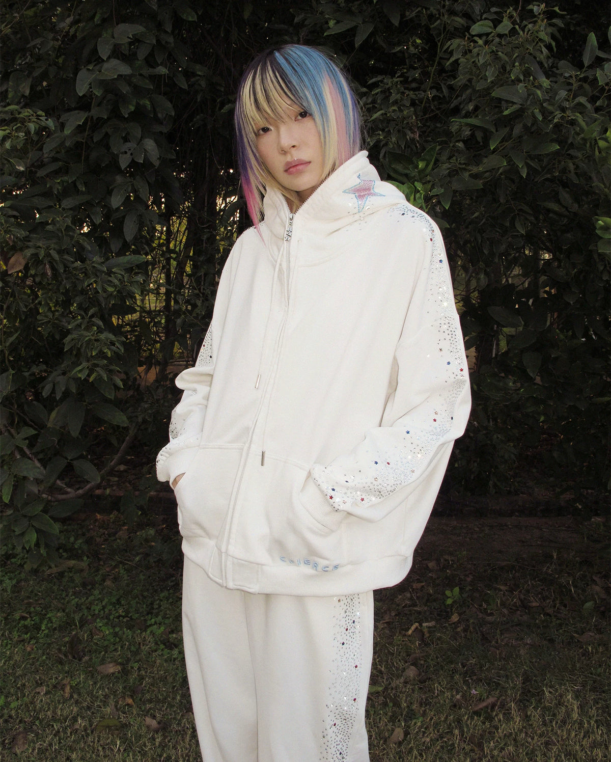 CFIERCE Crying Unicorn Rhinestone Zip Hoodie - white horned rhinestone zip hoodie worn front