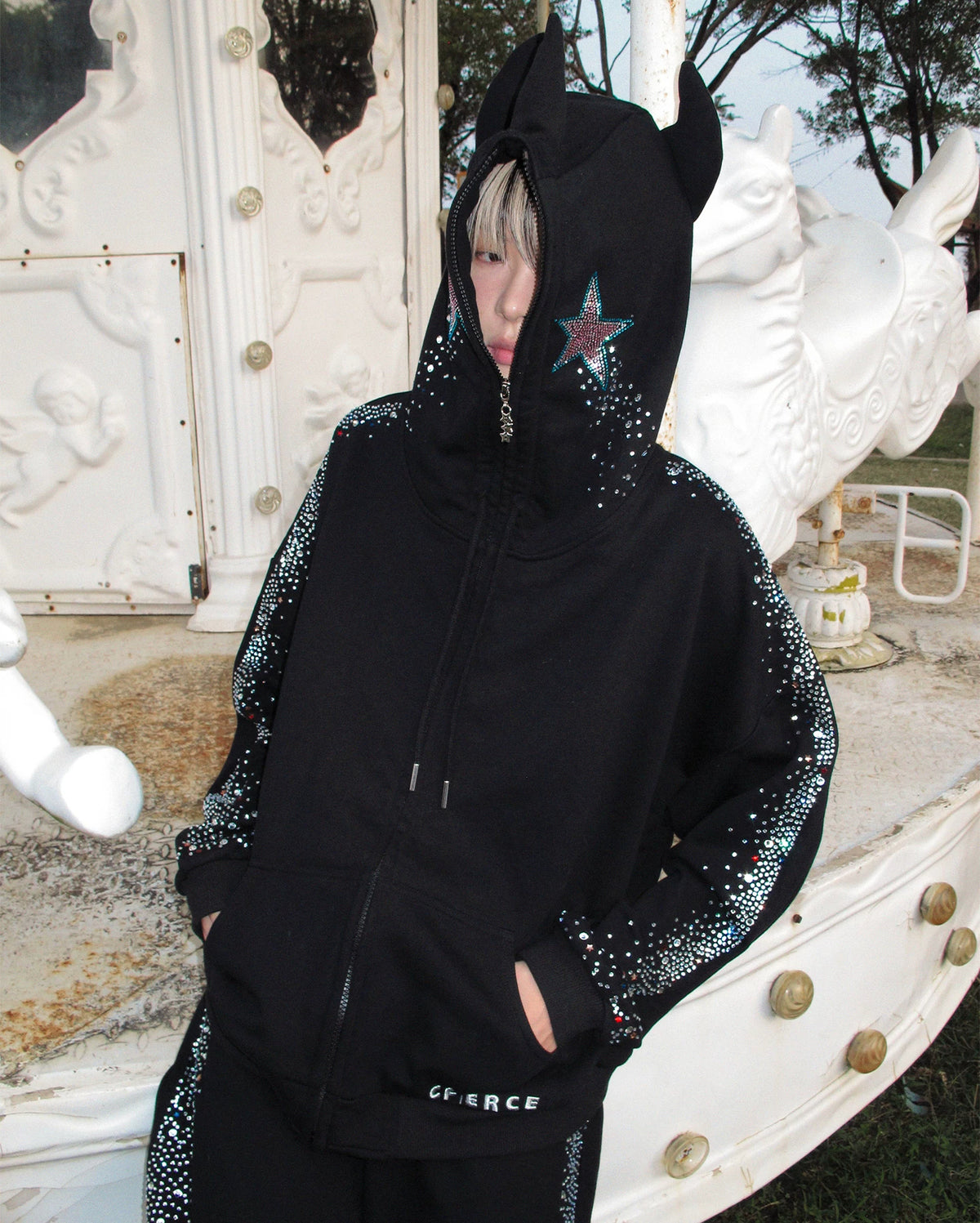 CFIERCE Crying Unicorn Rhinestone Zip Hoodie - black horned rhinestone zip hoodie worn seated