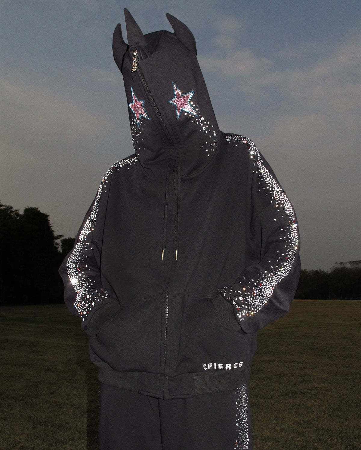 CFIERCE Crying Unicorn Rhinestone Zip Hoodie - black horned rhinestone zip hoodie front and sleeves