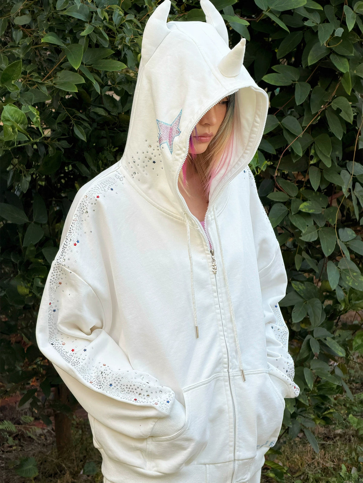 CFIERCE Crying Unicorn Rhinestone Zip Hoodie - white horned rhinestone zip hoodie close front