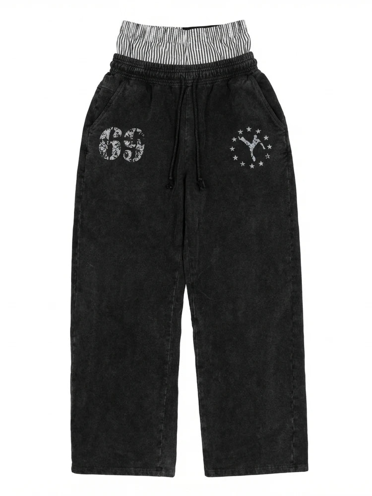 Washed Double Waistband Distressed Print Sweatpants - Washed Black front flat lay