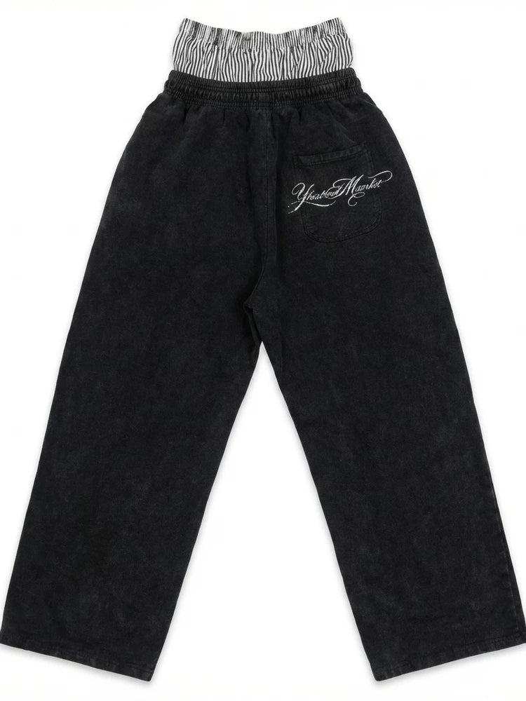 Washed Double Waistband Distressed Print Sweatpants - Washed Black back flat lay
