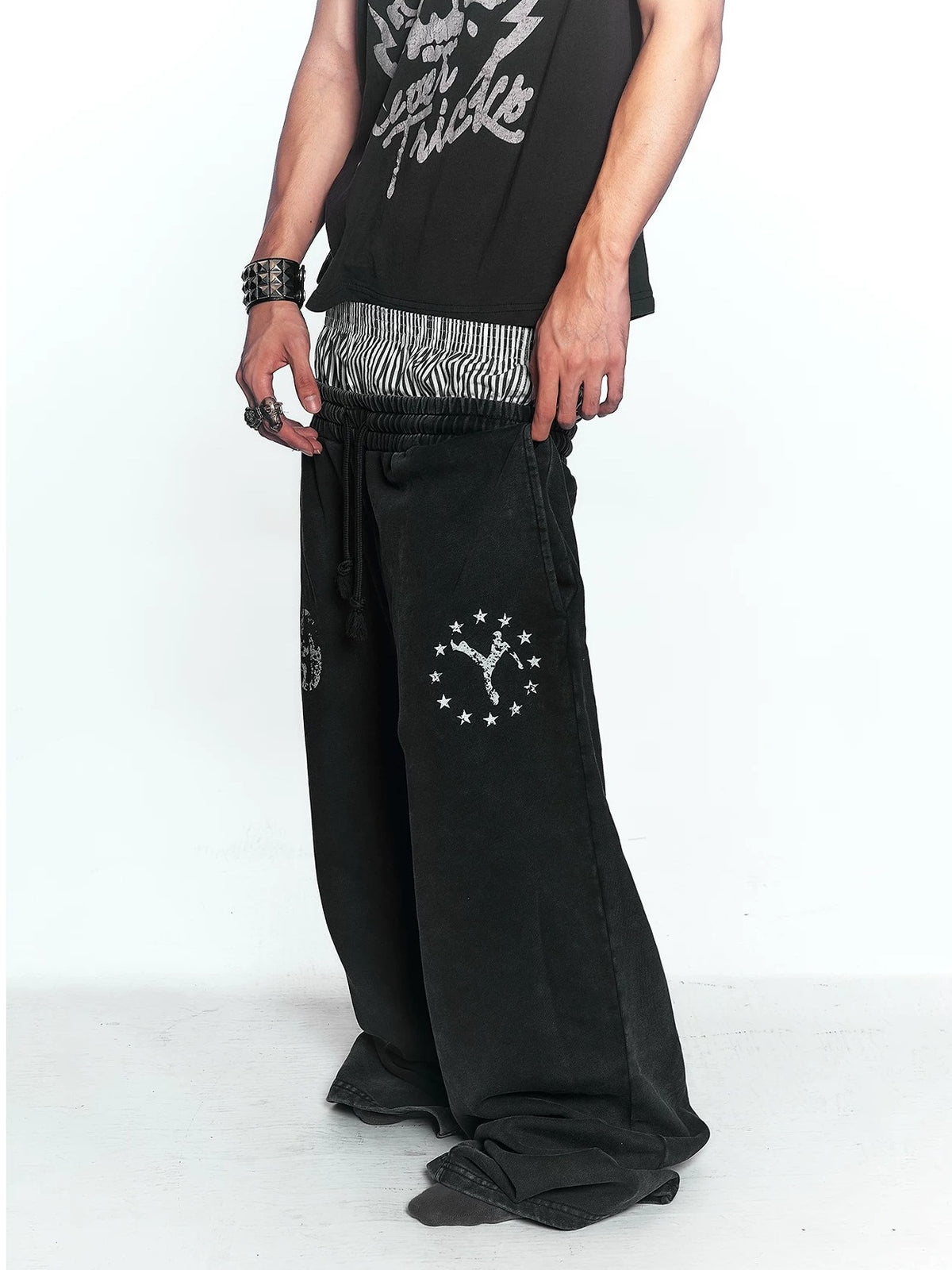 Washed Double Waistband Distressed Print Sweatpants - Washed Black on model front