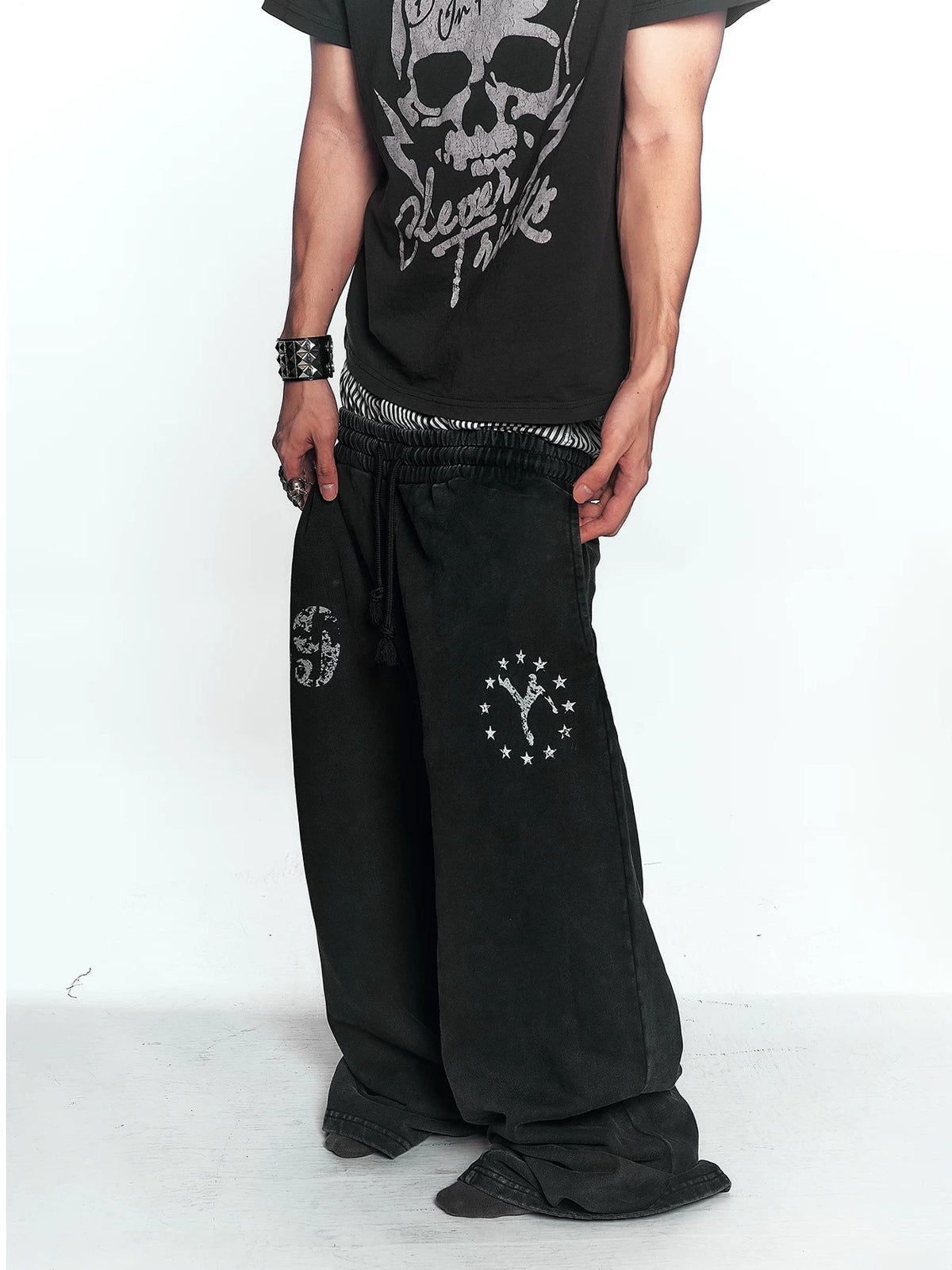 Washed Double Waistband Distressed Print Sweatpants - Washed Black on model side