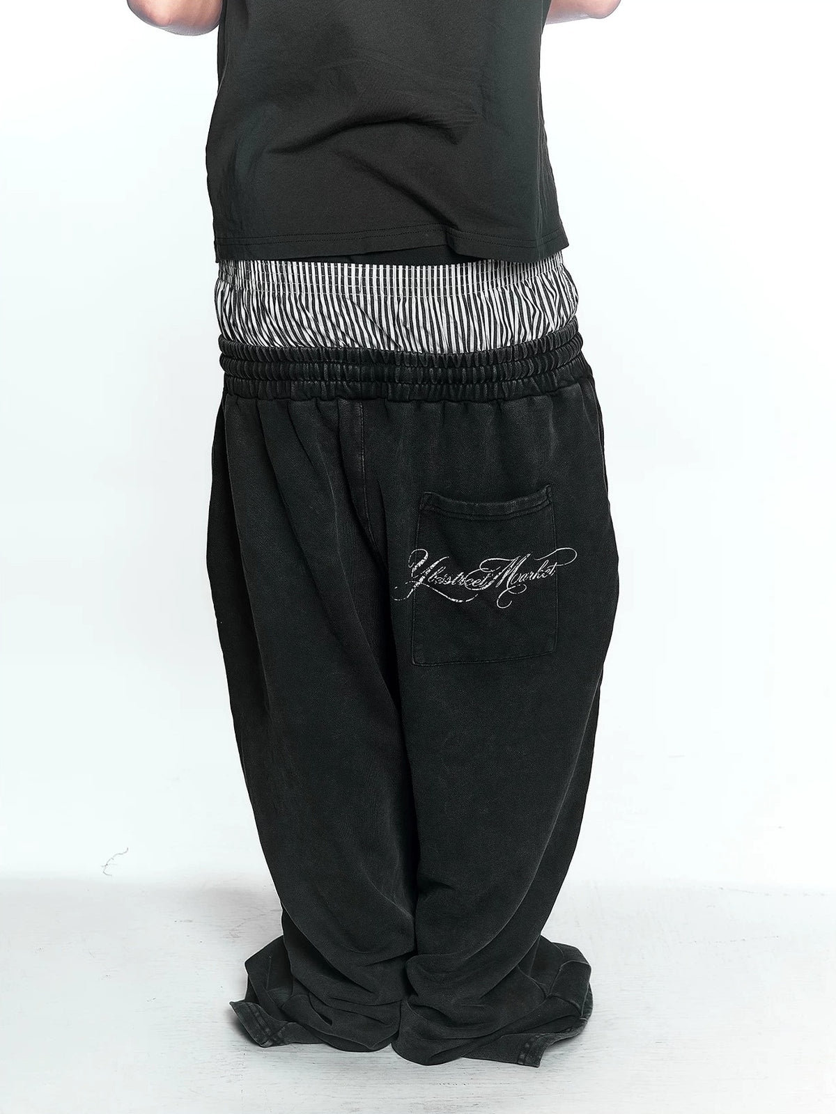 Washed Double Waistband Distressed Print Sweatpants - Washed Black back pocket script print