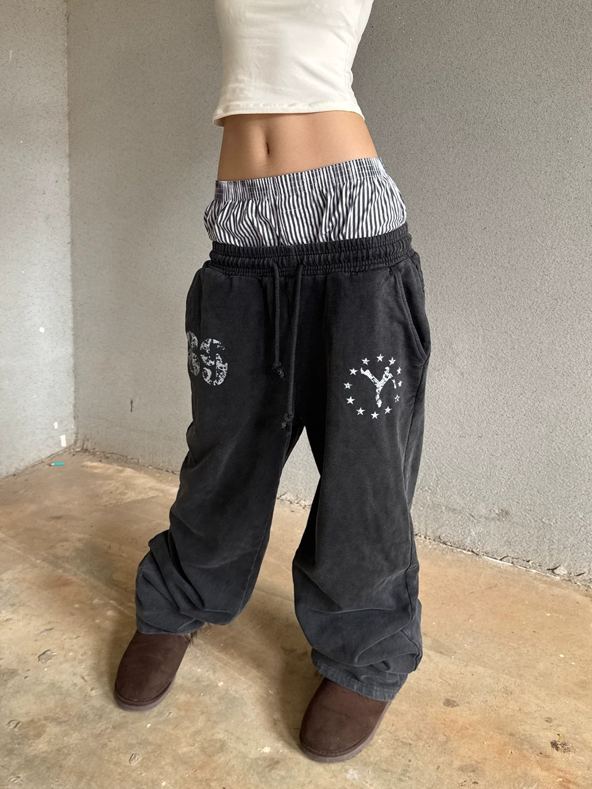 Washed Double Waistband Distressed Print Sweatpants - Washed Black double waistband front