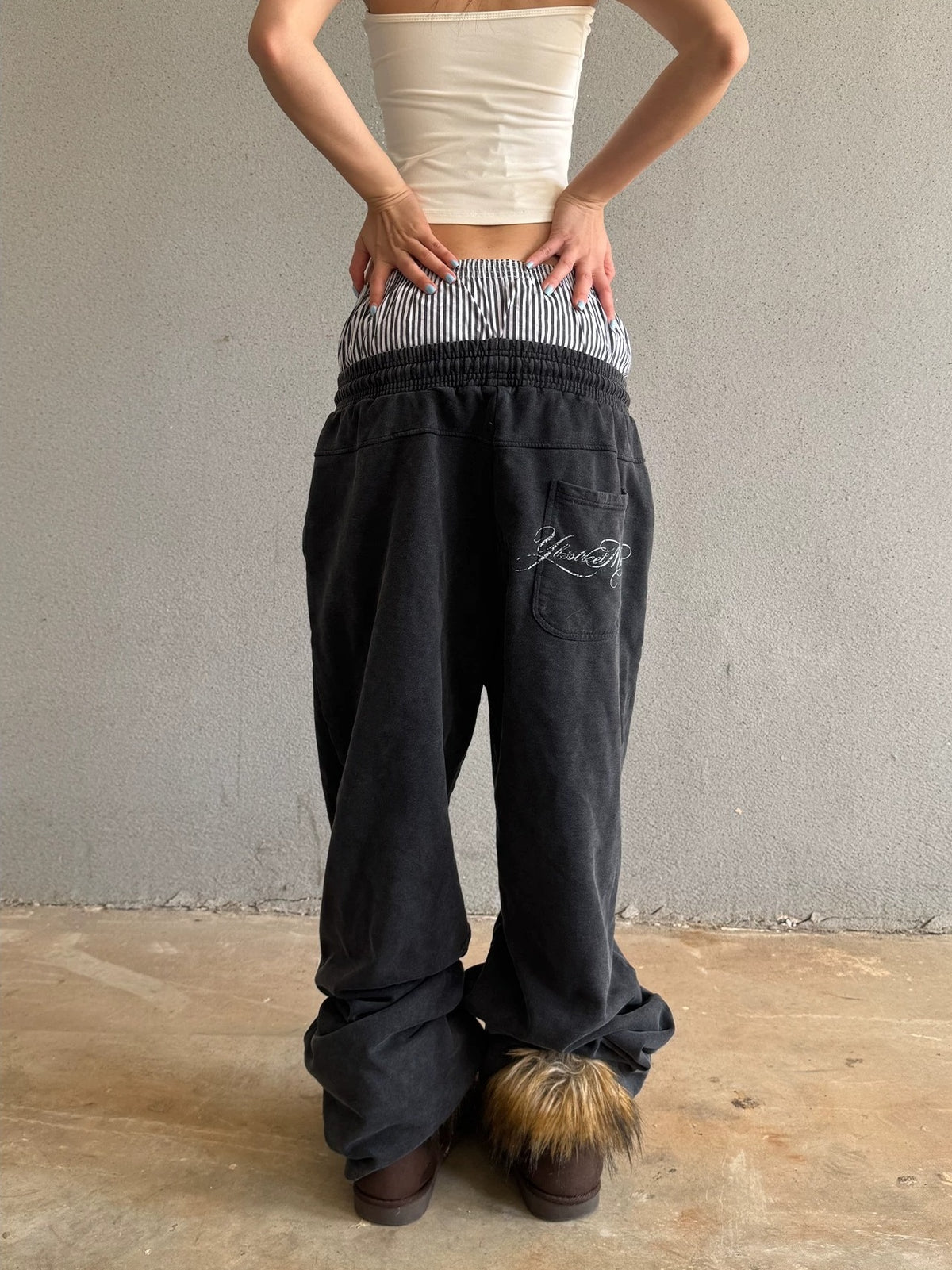 Washed Double Waistband Distressed Print Sweatpants - Washed Black back view