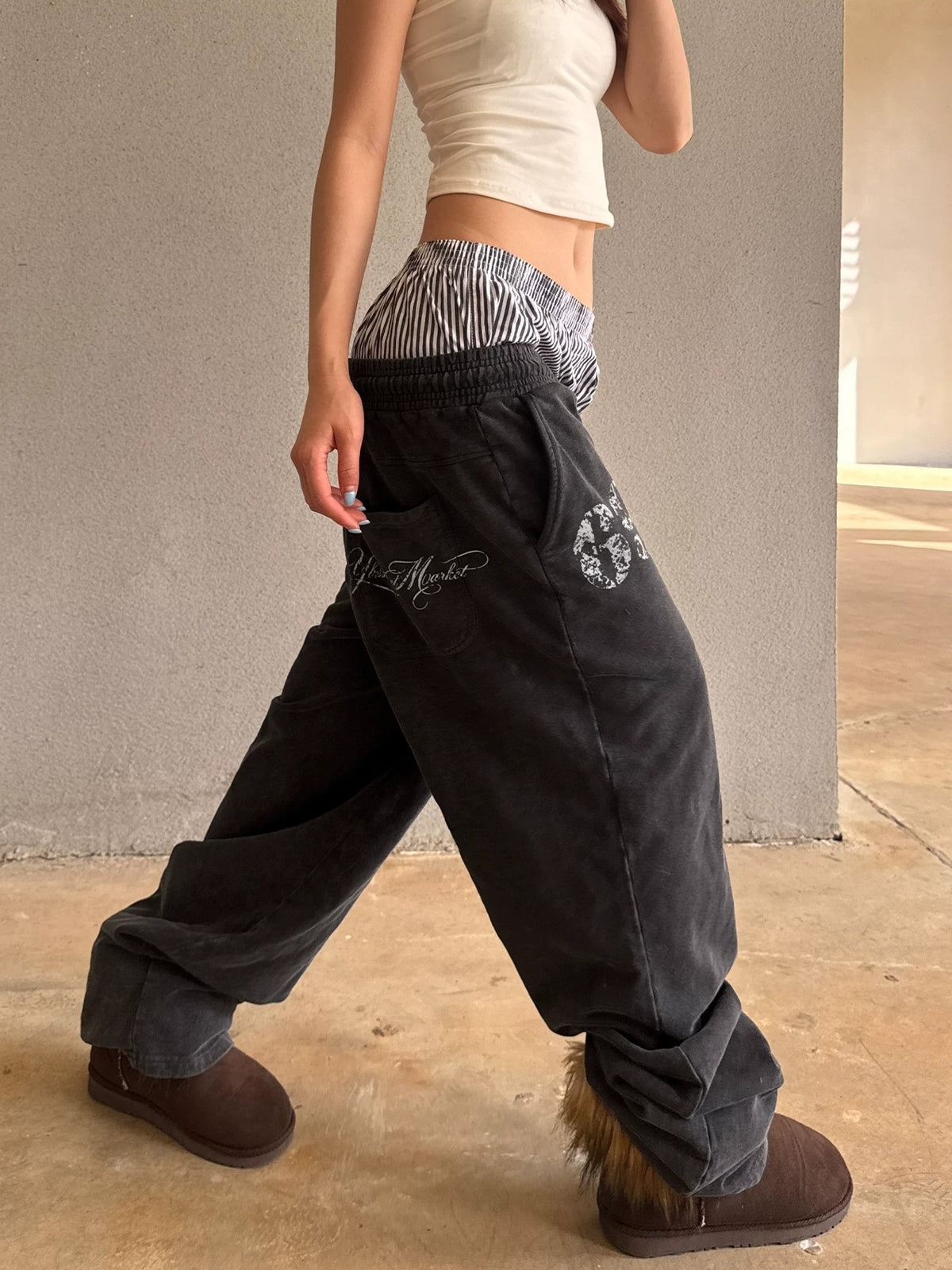 Washed Double Waistband Distressed Print Sweatpants - Washed Black side view
