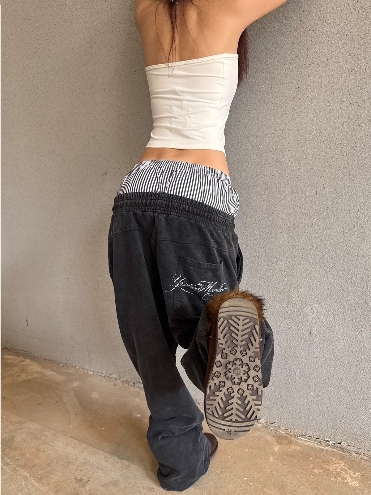 Washed Double Waistband Distressed Print Sweatpants - Washed Black back side view
