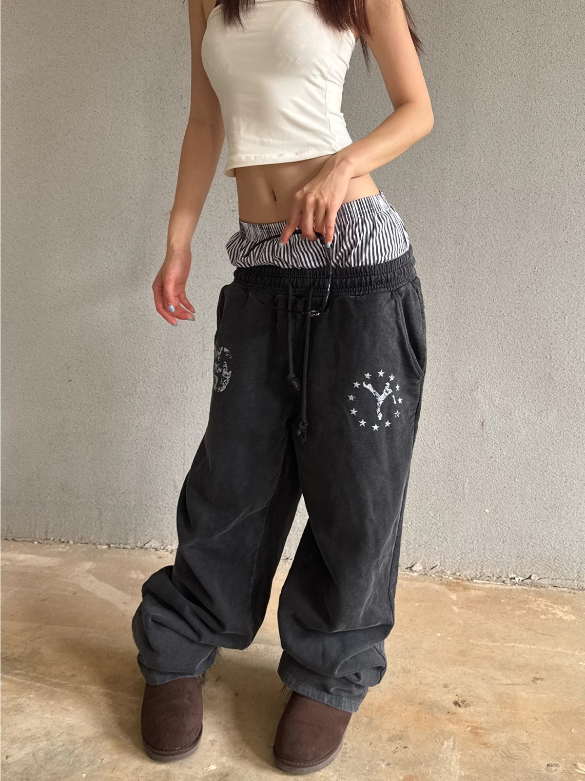 Washed Double Waistband Distressed Print Sweatpants - Washed Black waistband detail