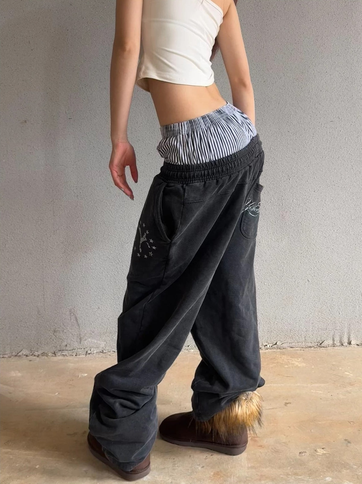 Washed Double Waistband Distressed Print Sweatpants - Washed Black side detail