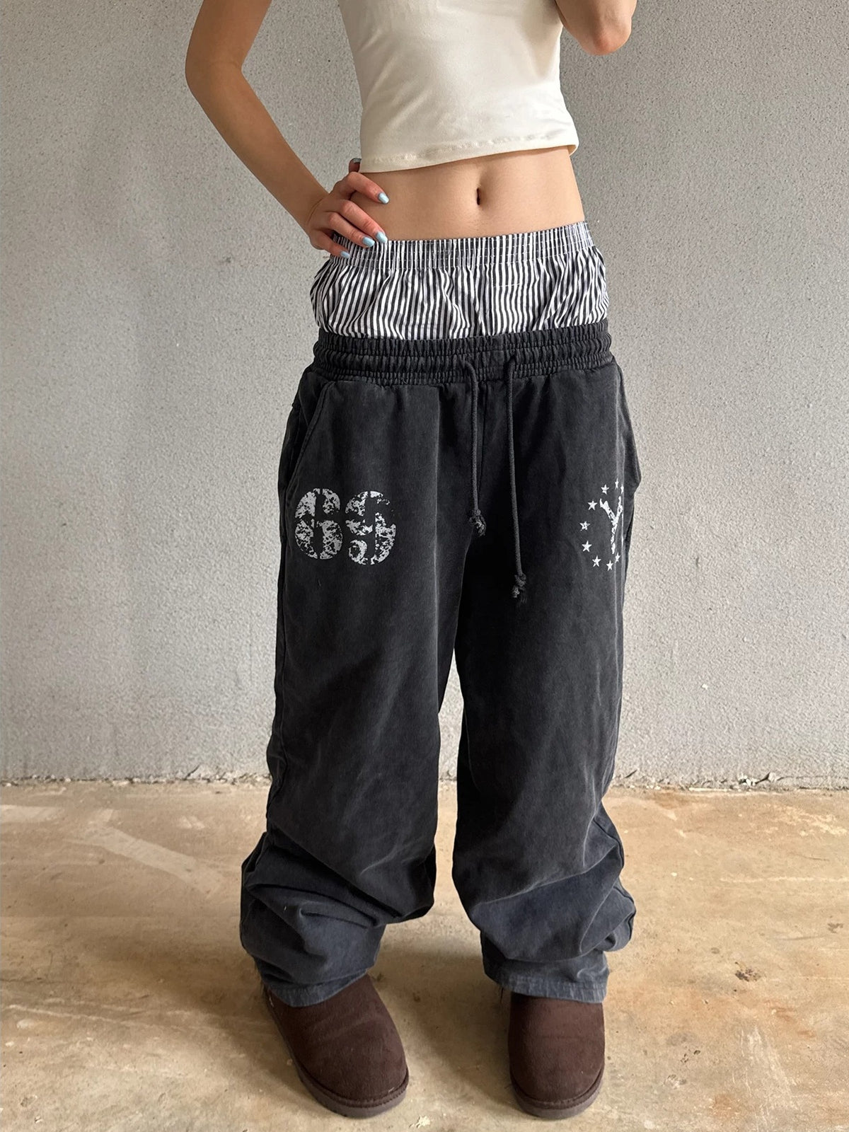 Washed Double Waistband Distressed Print Sweatpants - Washed Black front view